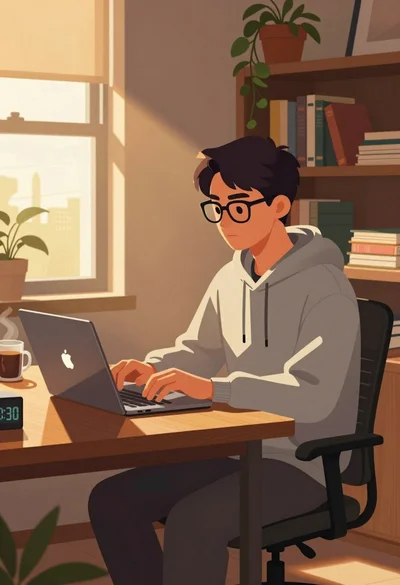 Young man typing on laptop at wooden desk in sunlit cozy room