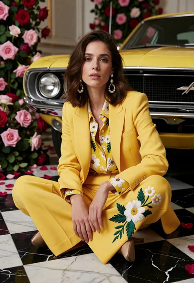 Woman in bright yellow suit sitting near vintage muscle car on marble