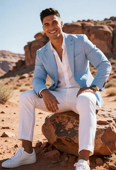Fit man in light blue blazer sits confidently on rock in desert