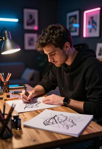 Young man sketching at a wooden desk in dark studio