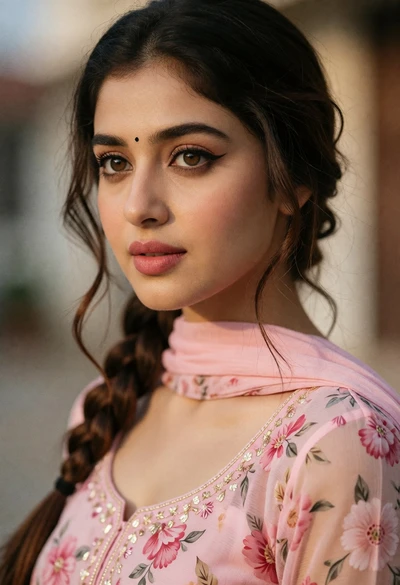 Close up portrait of young woman with brown hair wearing pink floral