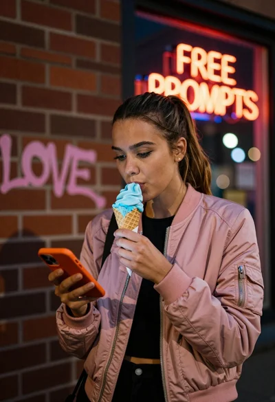Young woman eating blue ice cream on city street near graffiti and