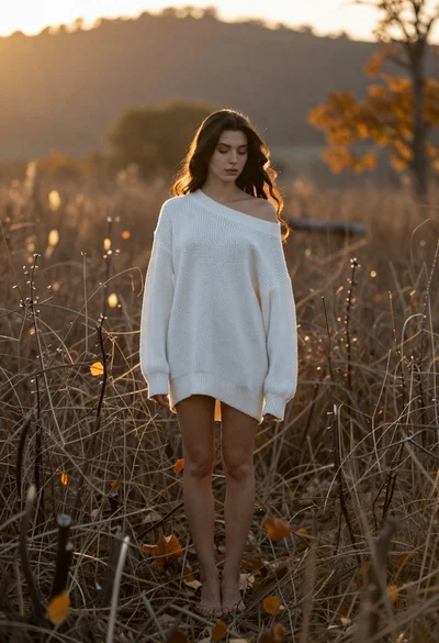 Woman standing barefoot in dry autumn field at golden hour