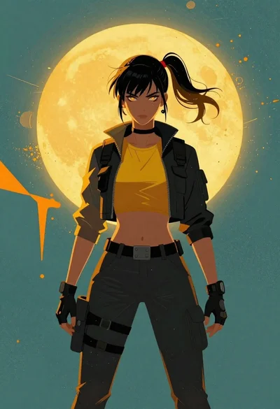 Anime woman in tactical gear against abstract backdrop