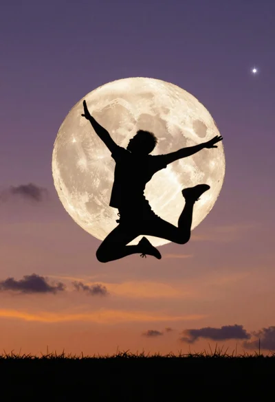 Silhouette of person jumping against massive full moon in purple orange sky