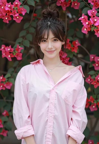 Young woman in pink shirt against vibrant bougainvillea flowers portrait