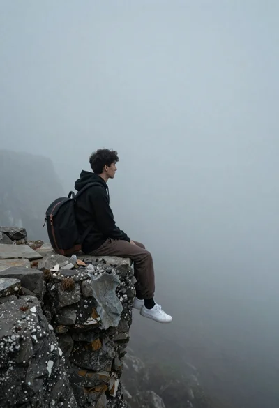 Young man in black hoodie sitting on rocky cliff in thick mist