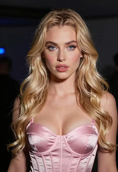 Close up portrait of blonde woman in pink satin bustier top