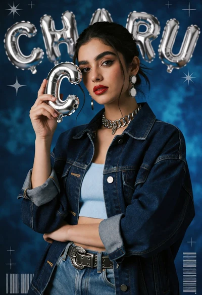 Poised young woman in denim jacket holding balloon letter against blue backdrop