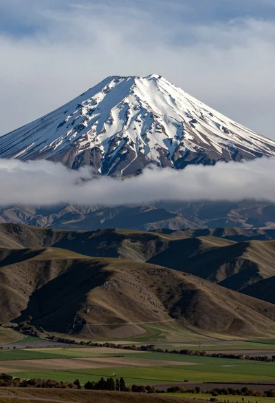 Majestic snow capped volcano rising above rolling green hills and fields