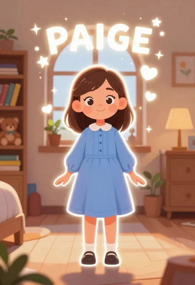 Young girl named paige standing in a cozy bedroom with magical sparkles
