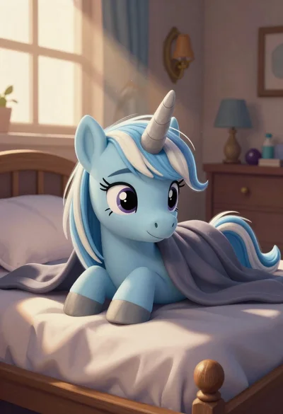 Blue unicorn resting on bed in sunlit bedroom