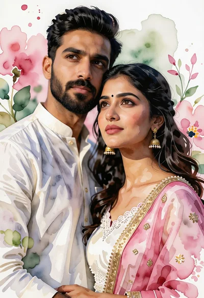 Romantic portrait of couple in traditional south asian attire watercolor style