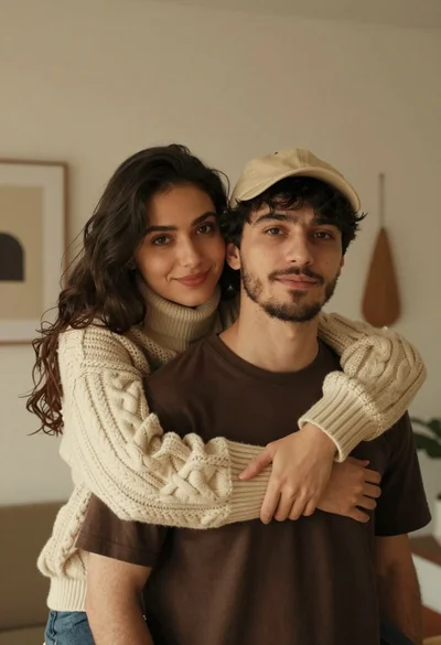 Warm indoor portrait of young couple embracing against light beige wall