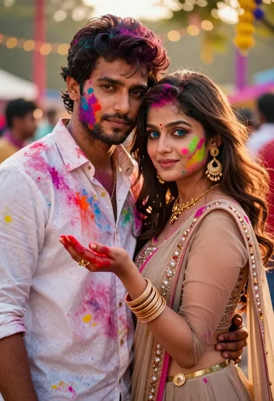 Young couple covered in colorful powder celebrating holi festival at sunset
