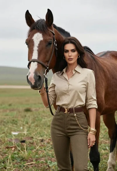 Woman standing with a brown horse in grassy field