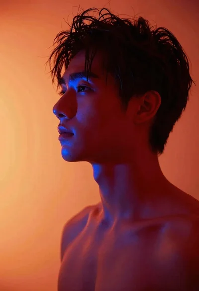 Profile portrait of young man with neon blue rim light