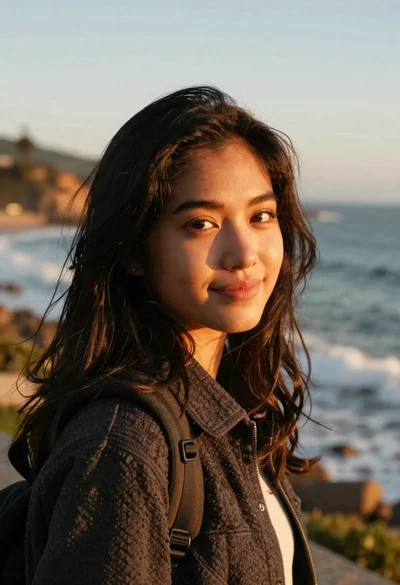 Young woman looking at camera during coastal sunset