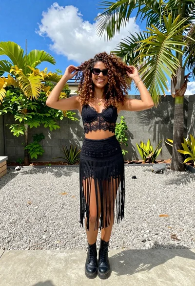 Smiling woman in black lace outfit posing outdoors in sunny garden