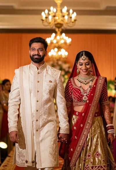 Joyful indian wedding couple walking in warmly lit ceremonial hall