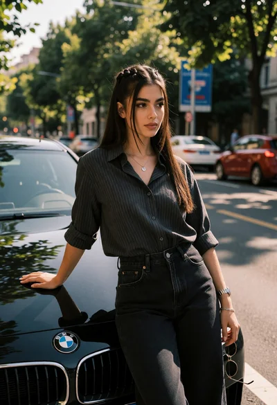 Young woman leaning on black bmw parked on tree lined urban street