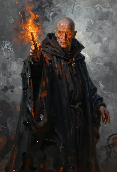 Dark wizard pointing with flaming staff against smoky background