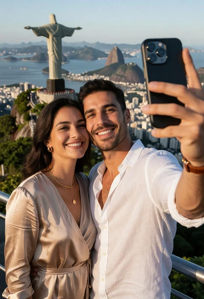 Couple taking a selfie near christ the redeemer statue rio de janeiro