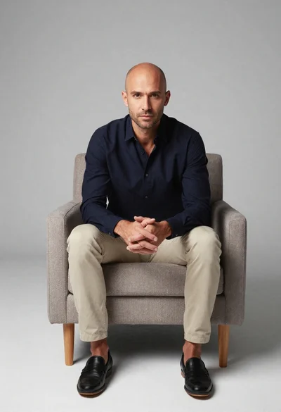 Studio portrait of man in armchair against gray background