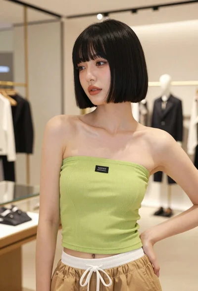 Young woman in lime green top posing inside a modern fashion boutique
