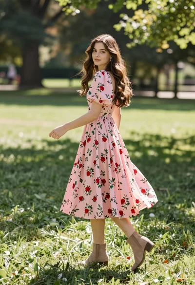 Young woman in pink floral dress twirling in a sunny green park