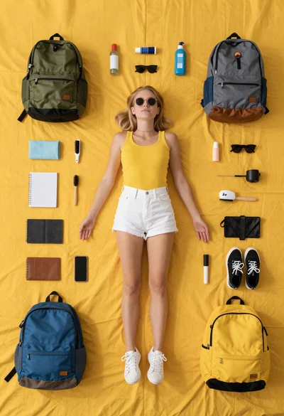 Young woman lying on yellow fabric with arranged travel essentials