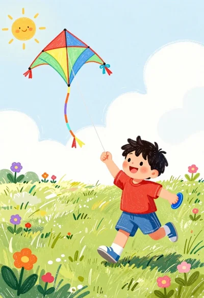 Cheerful young boy running through grassy field flying colorful diamond kite