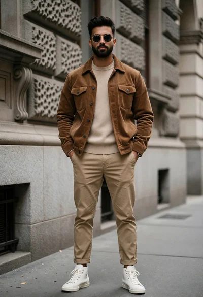Stylish man in brown jacket standing on urban street with modern casual