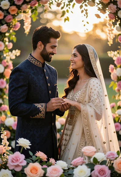 Romantic wedding portrait of groom placing ring on brides finger outdoors