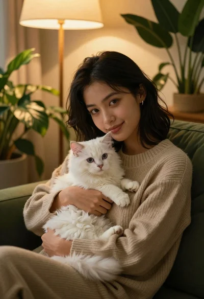 Young woman with dark hair holding fluffy white kitten in cozy room