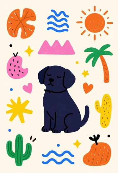 Vector illustration of a dog with abstract doodle elements