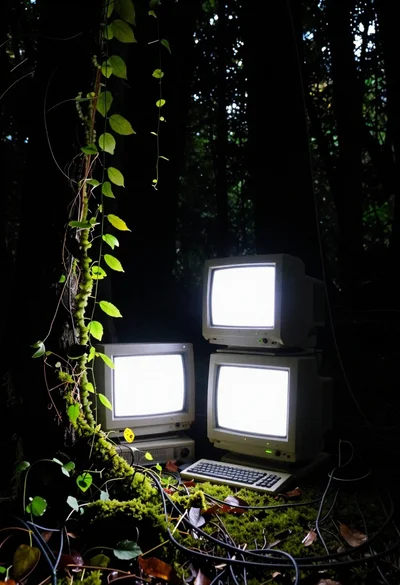 Vintage computer setup illuminated in a dark forest