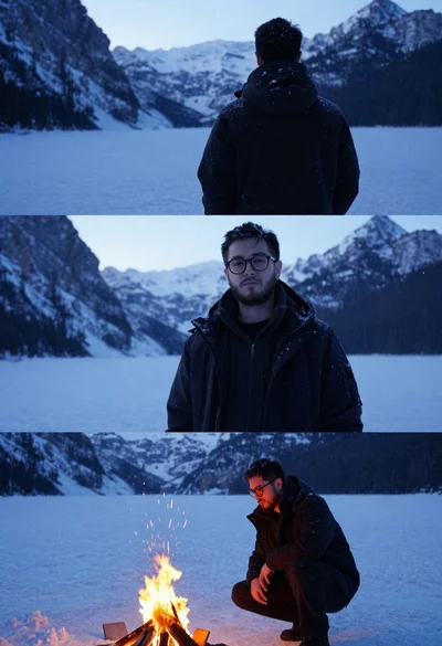 Young man with beard and glasses in snowy mountain landscape at twilight