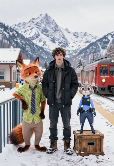 Young man flanked by fox and rabbit at snowy train platform