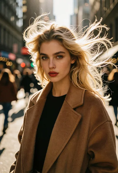 Young woman with blonde hair on busy city street under strong sunlight