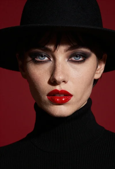 High fashion portrait of woman against red background