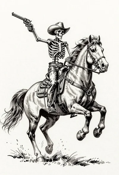 Skeleton cowboy riding a rearing horse ink illustration