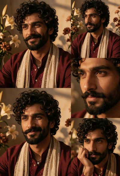 Collage of five portraits featuring man in traditional attire with flowers