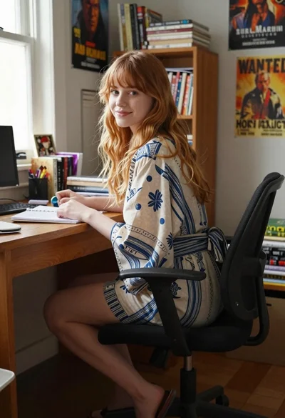 Young woman with strawberry blonde hair at wooden desk in cozy study
