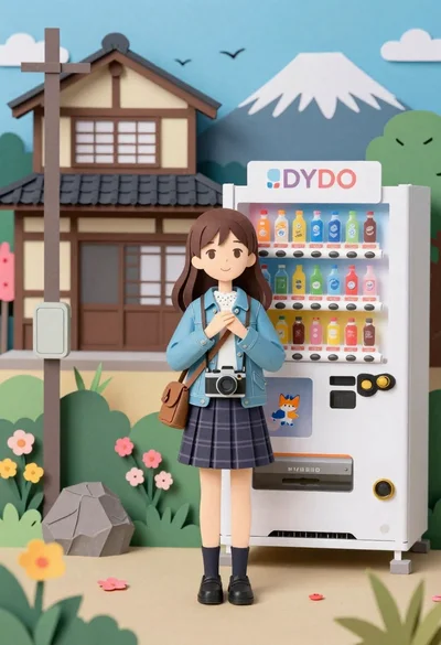 Young girl in denim jacket stands beside vending machine near traditional japanese