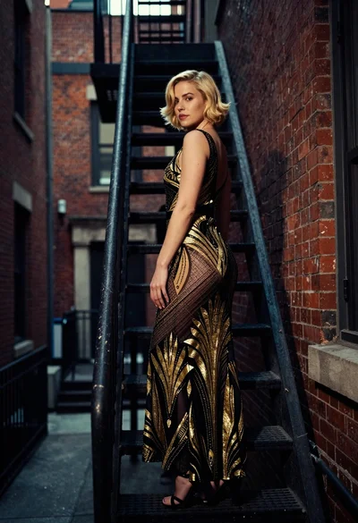 Woman in art deco gown on fire escape looking back over shoulder