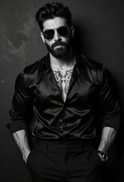 Muscular man in black shirt leaning against dark wall studio portrait
