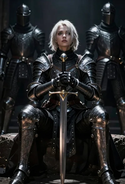 Warrior woman in dark armor seated with ornate sword