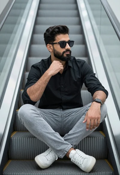 Man sitting on escalator steps in modern urban setting with sunglasses