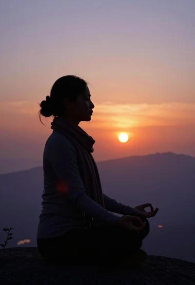 Woman in meditative pose against dramatic sunset mountains and clouds